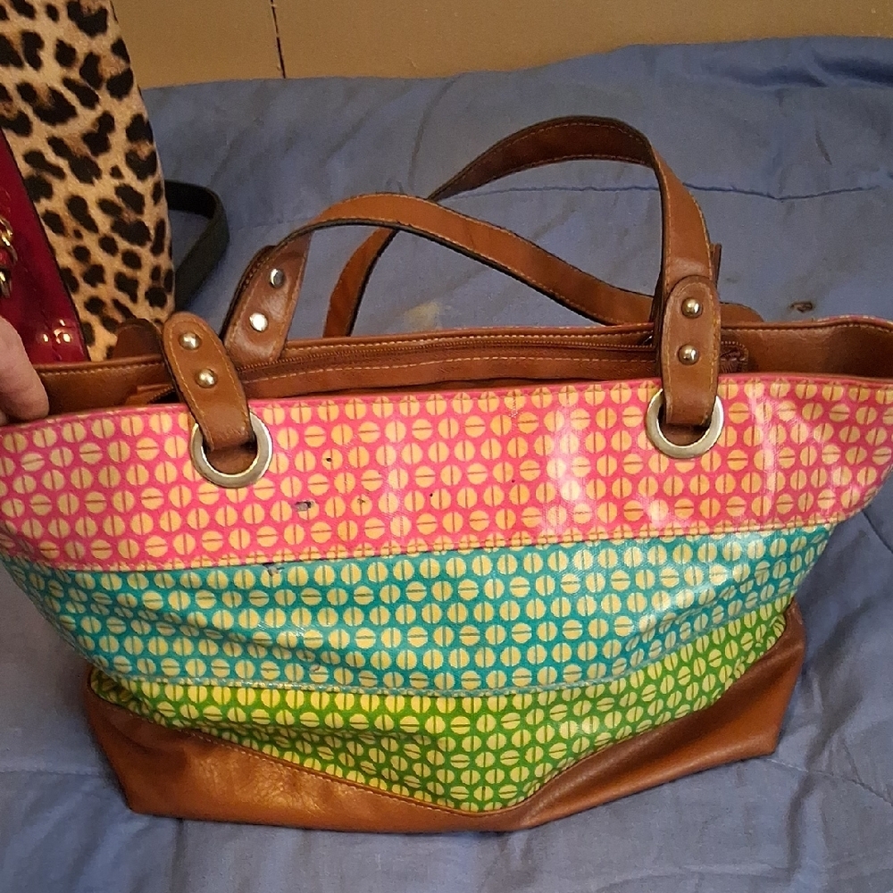 Nine West Pink and Blue Woven Tote Bag with Leather Handles